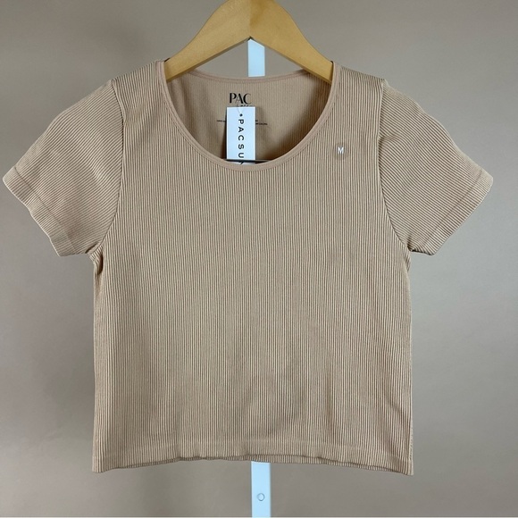 NEW PacCares PacSun Medium Ribbed Camel Tan Crop Tee Top Minimalist Neutral - Picture 1 of 6